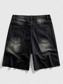 ROMWE MEN 男士时尚休闲街头水钻刺绣水洗牛仔短裤 - 黑色 - 查看 5