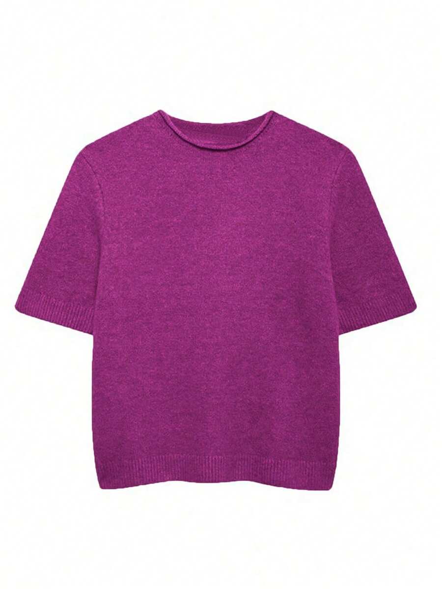 INAWLY Áo dệt kim tay ngắn cổ tròn màu trơn dành cho nữ, kiểu dáng thường ngày. - Màu tím hoa cà - Xem 1