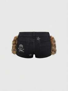 ROMWE Avant Y2K Baddie Flaggen- & Stern-Strass-Patchwork Leopard Kunstfell Tief Sitzende Denim Shorts - Schwarz - Übersicht 2