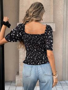 Pariaura Women's All-Over Print Square Collar Casual Short Sleeve Shirt - Black - View 2