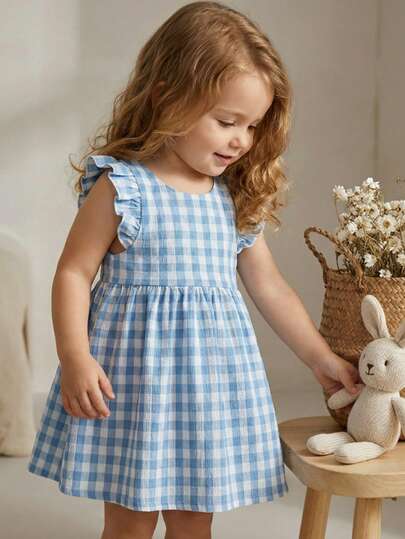 SHEIN 女婴休闲可爱格子蝴蝶结荷叶边连衣裙，适合春夏外出、度假、聚会、生日和日常穿着