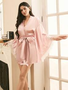 Elegant French Lace Satin Women's Robe - Pink - View 6