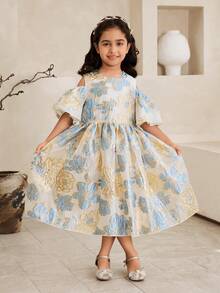 SHEIN Glamorique Kids Luxury Girls Vacation Style Flared Midi Dress With Blue Plant Pattern And Cold Shoulder Puff Sleeves For Young Kids - Blue - View 4