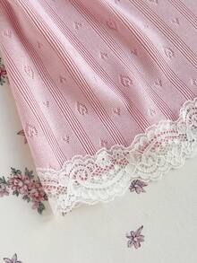 Elamini Women's Pink Square Neck Fitted Lace Short Sleeve Blouse, Sweet & Cute Y2K Fashion , Comfortable & Versatile, Collegiate Style, Spring/Summer Back To School Season - Pink - View 3