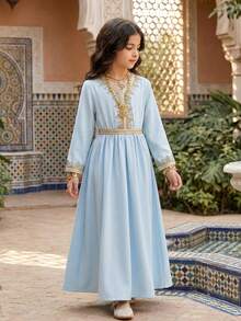 SHEIN Gaun Anak Perempuan Lengan Panjang Gaya Timur Tengah, Biru Muda, Musim Gugur, Elegan, Modis, Bergaya, Nyaman, Santai, untuk Pesta di Luar Ruangan - Baby Blue - View 4