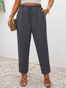 SHEIN Frenchy Plus Size Vacation Solid Color Knotted Casual Pants With Pockets - Dark Grey - View 1