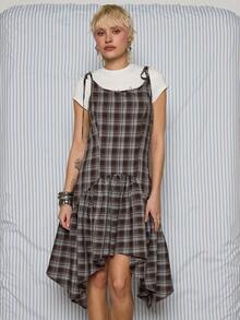 COUREZ 格纹吊带连衣裙，不对称荷叶边下摆 / Y2K 春季女装，可爱田园风约会之夜外出装扮，情人节 - 灰色 - 查看 2