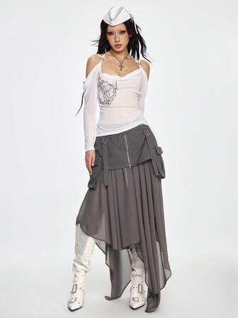 Grunge Punk Maglietta aderente a spalle scoperte con stampa a catena di ancora e decorazioni in strass