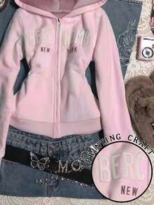 Glimmora Women's Letter Print Long Sleeve Zip Front Casual Sweatshirt - Pink - View 5