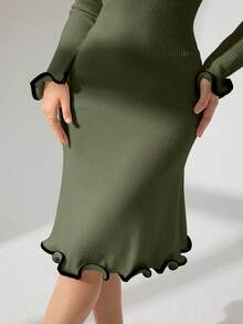 Modelyn Autumn/Winter Sexy Ruffle Hem Ribbed Knit Long Sleeve Bodycon Dress - Green - View 7