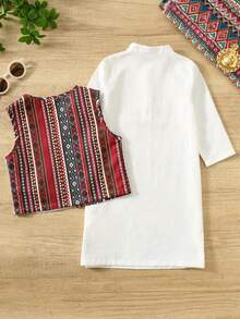 2pcs Tween Boy Casual Cartoon Pattern Vest + Shirt Set, Suitable For Spring/Summer - Multicolor - View 5