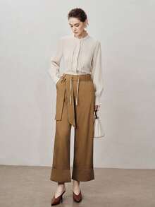 Aalyst Pantalones rectos de pierna ancha y cintura alta para mujer, de tela tejida, pantalones elegantes de negocios casuales para oficina, viajes, salidas y reuniones, para otoño/invierno/primavera - Marrón - Ver 3