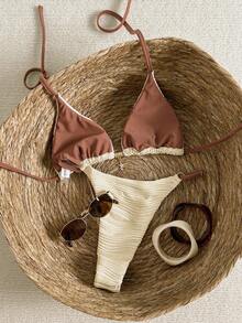 Swim Mod 2026春夏吊带纯色甜美可爱碎花装饰侧高衩两件式比基尼套装 - 杏色 - 查看 2