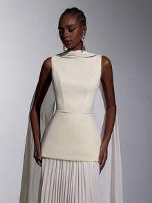 Elitara Đầm dự tiệc thanh lịch, lãng mạn, thời trang màu mơ, chất liệu chiffon co giãn, phối nhiều mảnh vải, xếp ly ở gấu váy, cổ thuyền, thích hợp cho khách dự đám cưới, đi nghỉ mát hoặc làm phù dâu. - Màu be - Xem 8