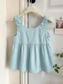 GlowEve Sleeveless Pleated Bow Tie Strap Ruffle Hem A-Line Women Blouse Shirt - Mint Green - View 2