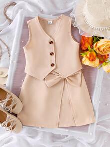 Elladie kids 两件套女童卡其色无袖独特设计背心上衣和不对称蝴蝶结装饰半裙套装，时尚通勤装，优雅儿童夏季裙装套装，女童中性连衣裙，裸色连衣裙，女童半裙两件套，儿童小女孩米色连衣裙，女童蝴蝶结连衣裙，女童杏色连衣裙 - 卡其色 - 查看 7