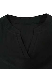 EMERY ROSE Women's Casual Everyday Office Commute Simple Solid Color Notched Neck Loose Blouse, Spring/Autumn - Black - View 4