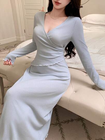 DAZY 提花针织裹腰中长连衣裙，女士家居服