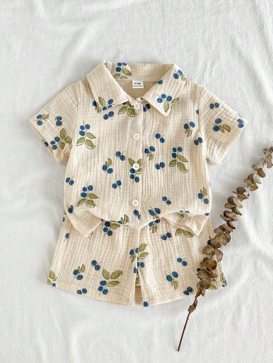 SHEIN Vintaside Kids Baby Boy Summer Casual Leaf Print Shirt And Shorts Set - Khaki - View 1