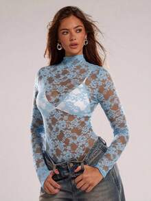 SHEIN BAE Women's Floral Lace Stand Collar Long Sleeve Sheer Sexy Bodysuit - Baby Blue - View 6
