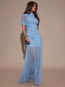 SHEIN BAE Váy ôm body nhún bèo thanh lịch, thích hợp cho tiệc cocktail, hẹn hò lãng mạn, mặc nhiều lớp mùa thu/đông, tiệc tùng, tụ họp trang trọng, Halloween, Giáng sinh - Màu xanh nhạt - Xem 5