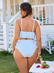 Swim Mod Conjunto de Maiô Plus Size com Alça Removível, Tecido Texturizado Azul Listrado Casual e Doce, Novidade 2026 - Azul e Branco - Visão 2
