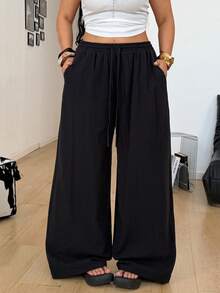 Coolane Women's Plus Summer Country Concert Going Out Beach Boho Basic Minimalist Washed 100% Cotton Curved Hem Pants - Black - View 6