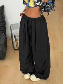 Coolane 女士休闲抽绳腰黑色梭织长裤 - 黑色 - 查看 3