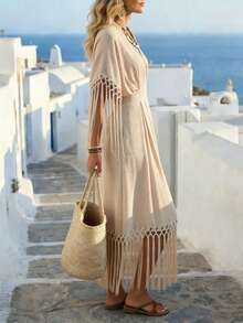 SHEIN Holidaya Vestido largo con cuello en V y decoración de flecos en la cintura para mujer - Albaricoque - Ver 4