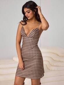 Aidyla 女士性感格纹条纹街头时尚吊带迷你连衣裙 - 咖啡 - 查看 5