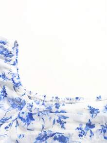 Girlism Đầm midi dáng chữ A tay phồng, nhún bèo ngực eo, họa tiết hoa màu xanh dương dành cho thiếu nữ, kiểu dáng thanh lịch, sang trọng, thích hợp cho kỳ nghỉ, ngày lễ tình nhân và các dịp lễ khác. - Xanh và trắng - Xem 7