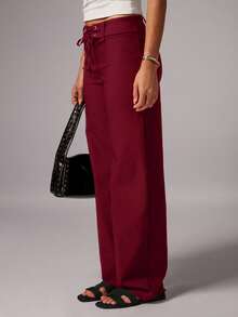 Avenya Quần ống đứng dáng rộng màu trơn có lỗ xỏ dây dành cho nữ - Màu Đỏ Sâu - Xem 4