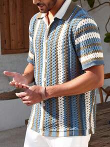Manfinity RSRT Men's Blue And White Stripe Hollow-Out Crochet Top, Short Sleeve Single-Breasted Knitted Top,Summer Casual Holiday Vacation Resort Wear - Teal Blue - View 5