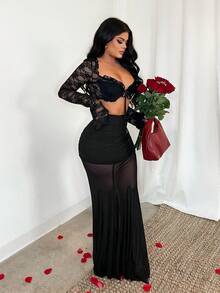 SHEIN SXY Women's Solid Color Mesh Patchwork Sexy Sheer Party Mini Skirt,Valentine's Day,Black ,Mesh ,Black Skirt ,Sheer ,Club , Sexy Skirt , Black Skirt, Black Skirt Set, Sexy Skirt , - Black - View 5