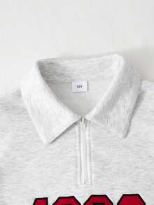 Set 2pcs/Set Sweatshirt Polo Kerah Minimalis Kasual untuk Anak Perempuan, dengan Hiasan Pita Merah di Lengan dan Sisi Celana, Desain Cetak di Bagian Depan, Cocok untuk Sekolah, Jalan-jalan, Berjalan-jalan, Dapat Dipadukan dengan Jaket, Rompi - Grey - View 3
