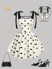 SHEIN MOD 女士波点浪漫露背系带蝴蝶结连衣裙，适合约会、派对、度假、下午茶、生日等场合 - 黑與白 - 查看 3