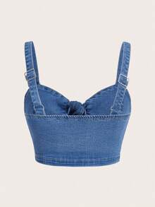 SHEIN SXY Áo hai dây denim ôm sát người dành cho nữ cỡ lớn với dây thun co giãn thắt nơ, thích hợp cho mùa hè. - Rửa trung bình - Xem 2
