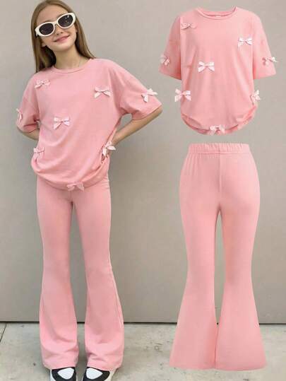 SHEIN 少女宽松休闲简约舒适圆领短袖落肩上衣和裤子套装