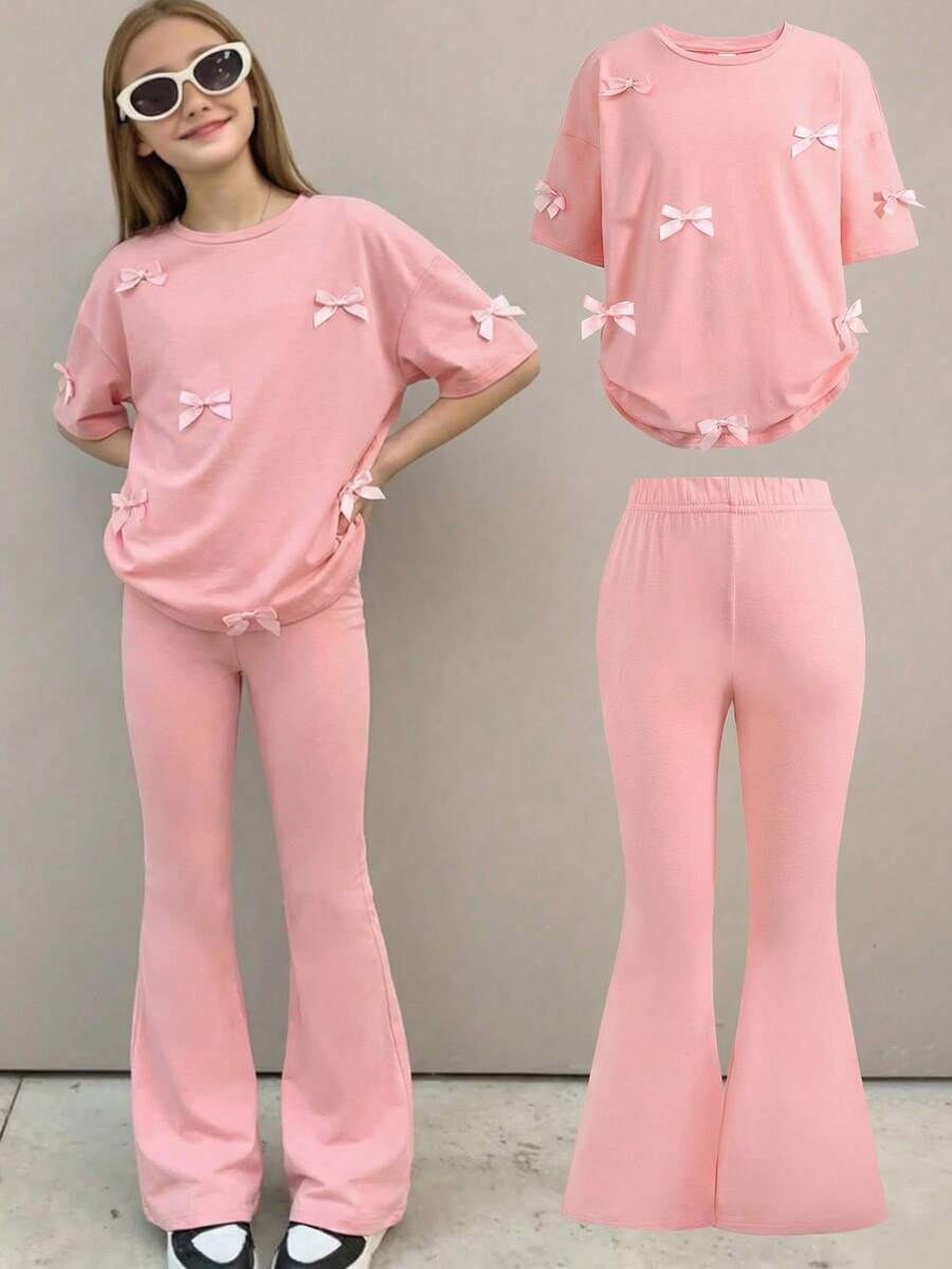 SHEIN Bộ đồ cho bé gái tuổi teen, kiểu dáng rộng rãi, tối giản, thoải mái, cổ tròn, tay ngắn, vai rớt, gồm áo và quần. - Hồng - Xem 1