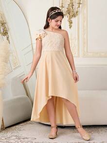 SHEIN 1pc Tween Girls' Elegant Lace Mesh Embroidered Asymmetric Hem Slip Dress, Suitable For Daily, Party, Wedding, Spring/Autumn - Apricot - View 3