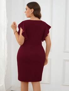 SHEIN Privé 大码女士优雅荷叶边V领开衩连衣裙，红色，适合浪漫约会、聚会、日常穿着、春夏派对 - 酒紅色 - 查看 2