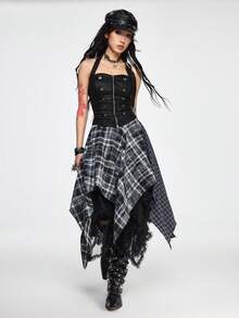 ROMWE Grunge Punk Áo tank top không dây vai bất đối xứng bằng da lộn màu xanh hải quân dành cho nữ, thích hợp cho mùa xuân/hè. - màu đen - Xem 2