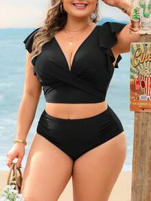 Swim Lushoire Plus Size Women 2pcs Solid Color Ruffle Sleeve Criss-Cross Front Top & Triangle Bottoms Backless Bikini Swimwear - Black - View 3