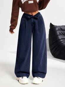 SHEIN PETITE Women's High Waist Wide Leg Jeans, Blue - Dark Wash - View 1