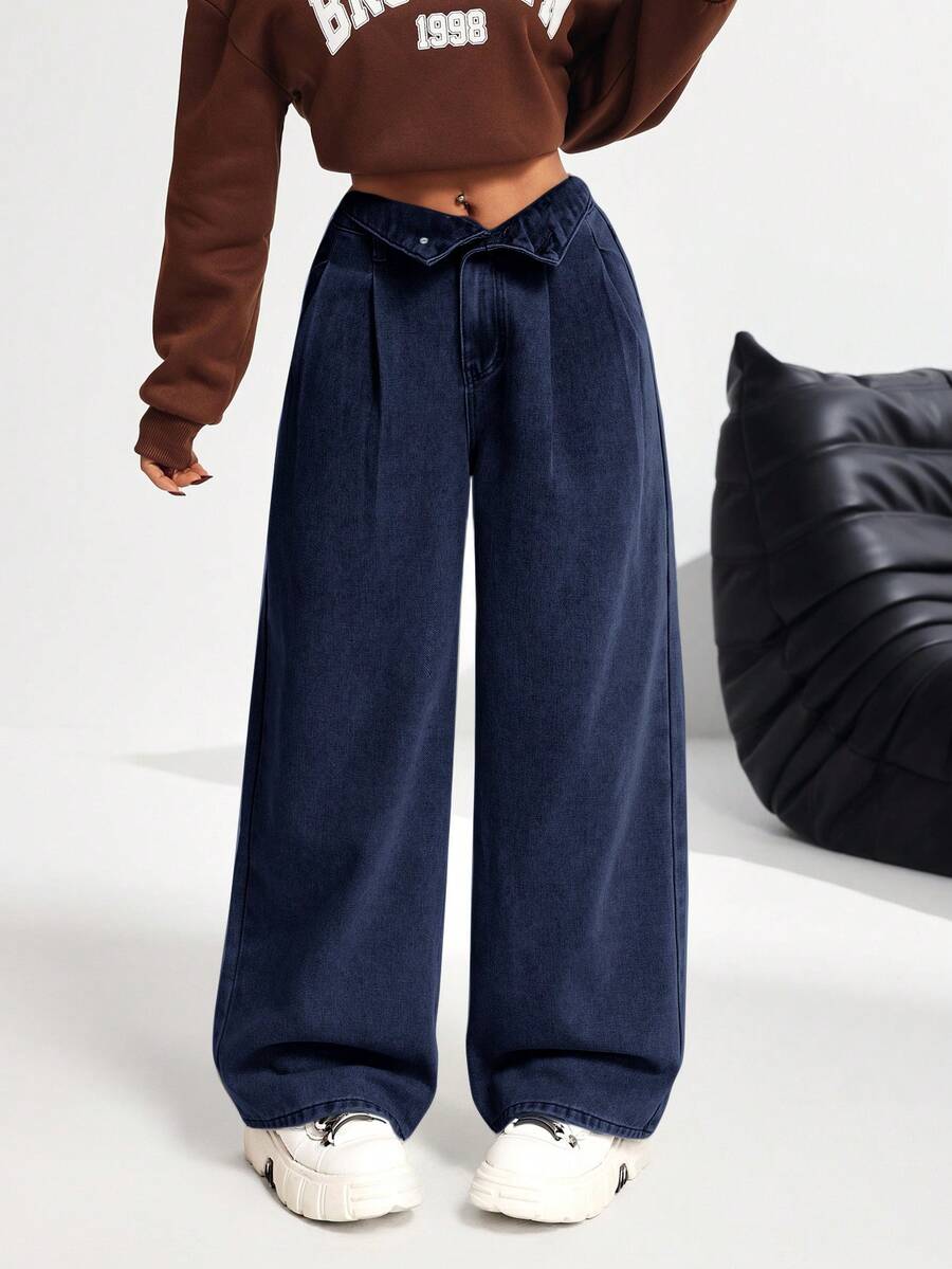 SHEIN PETITE Women's High Waist Wide Leg Jeans, Blue - Dark Wash - View 1