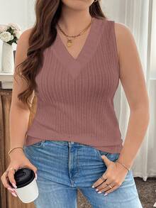 SHEIN LUNE 柔软磨毛V领无袖加大码吊带背心 - 粉色 - 查看 6