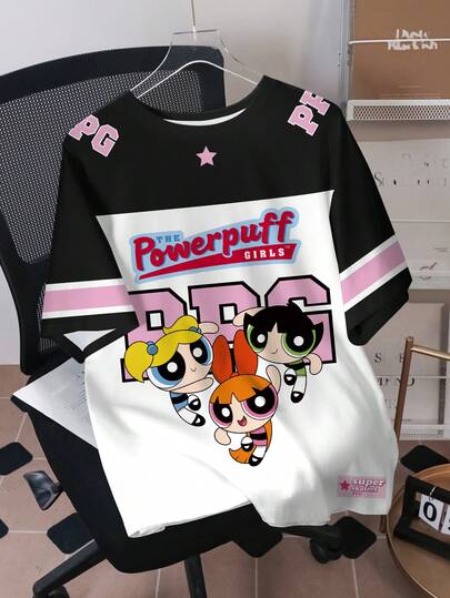 THE POWERPUFF GIRLS X SHEIN Herrtröja med rund hals och kort ärm, plusstorlek och blommigt, bubbligt och smörblommigt mönster, plusstorlek