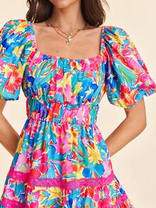 Coeurva 春夏度假风梭织印花短袖方领女式迷你连衣裙 - 彩色 - 查看 2