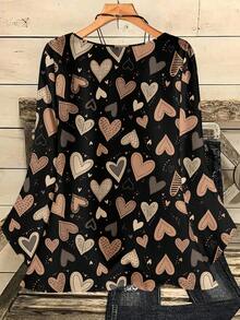 EMERY ROSE 大码女式休闲印花圆领宽松七分袖衬衫/情人节 - 彩色 - 查看 2