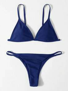 Swim Basics 2026 New Women's Swimwear Arrival Women's Solid Color Sexy Bikini Swimsuit Set, Summer Beach Navy Blue Bikini Set Solid Color Bikini Set Plain Bikini V Cut Bikini Thin Strap Bikini Thong Bikini String Bikini Thong Bikini Bottom - Navy Blue - View 4